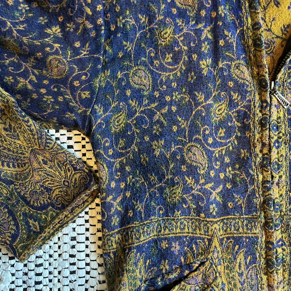 Tree of Life Blue Gold Pashmina Fringe Zip-Up Hoodie Jacket - Picture 3 of 9